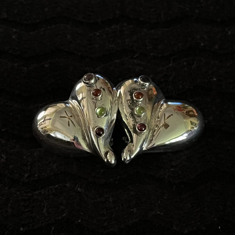 Sterling Silver Heart Shaped Earrings with Colorful Stones